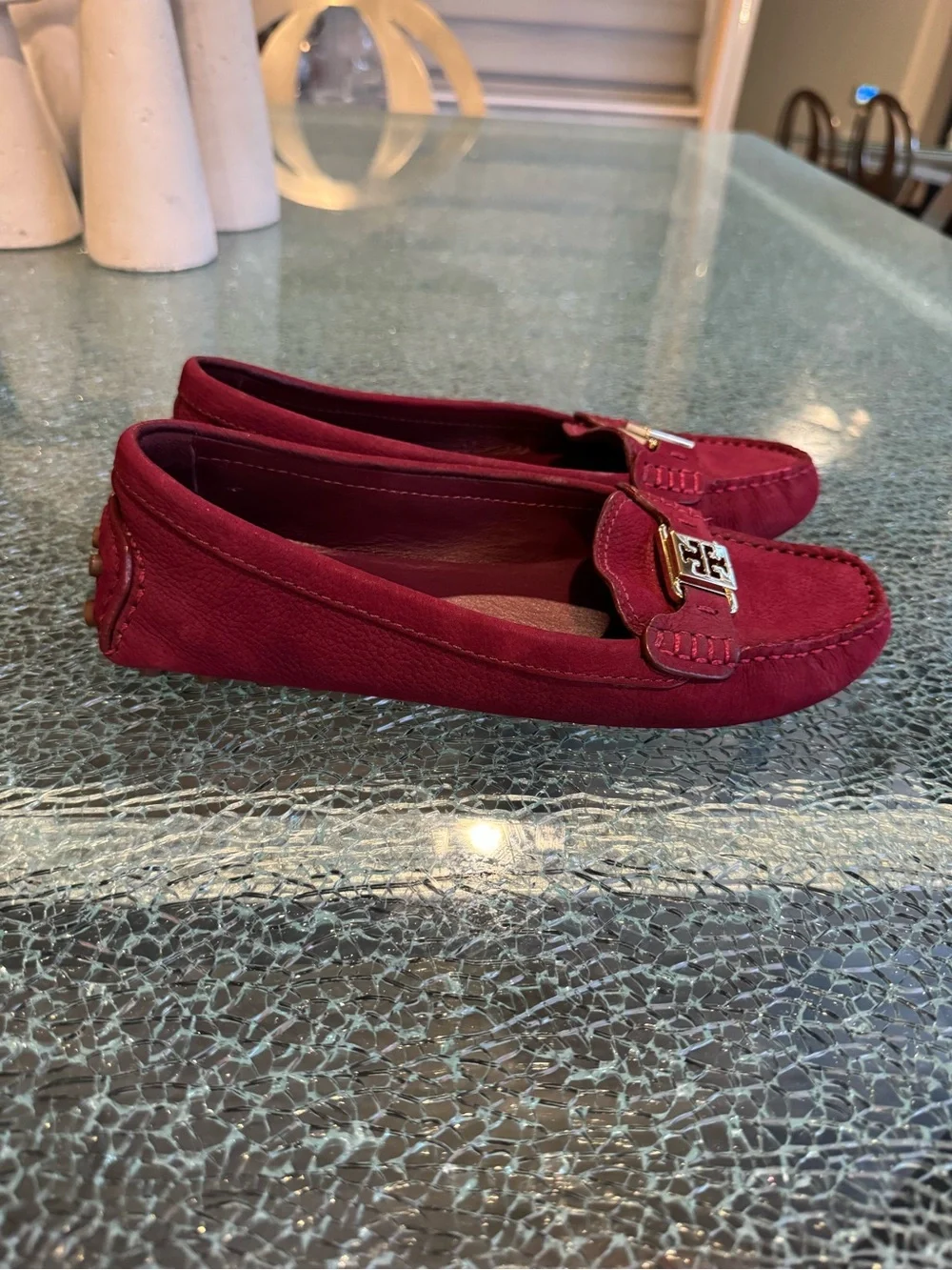 Tory Burch Deep Red Suede Loafers with Gold Logo 8 M